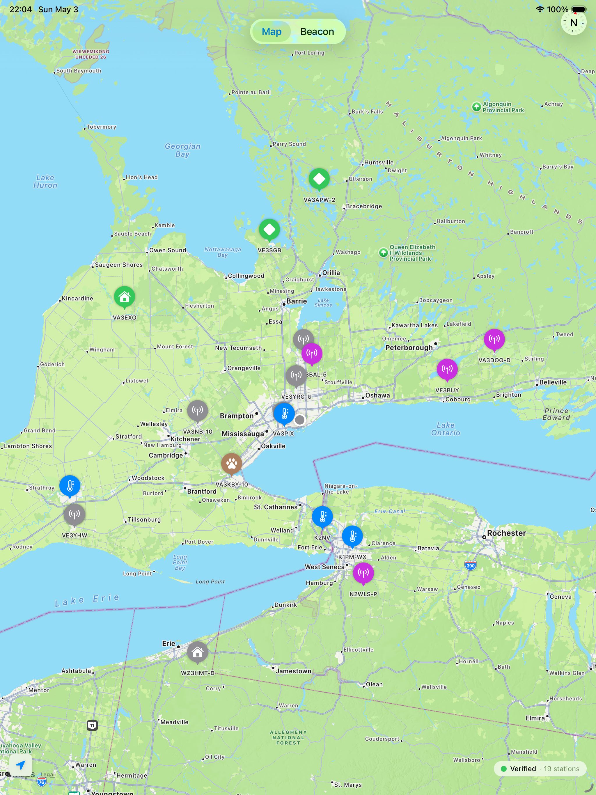 APRSBeacon on iPad Air 13-inch showing the map view